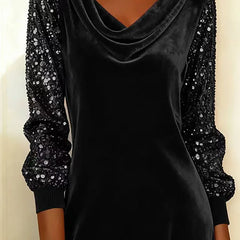 Women's Sequin Dress | Cowl Neckline Sequin Sleeves Velvet Mini