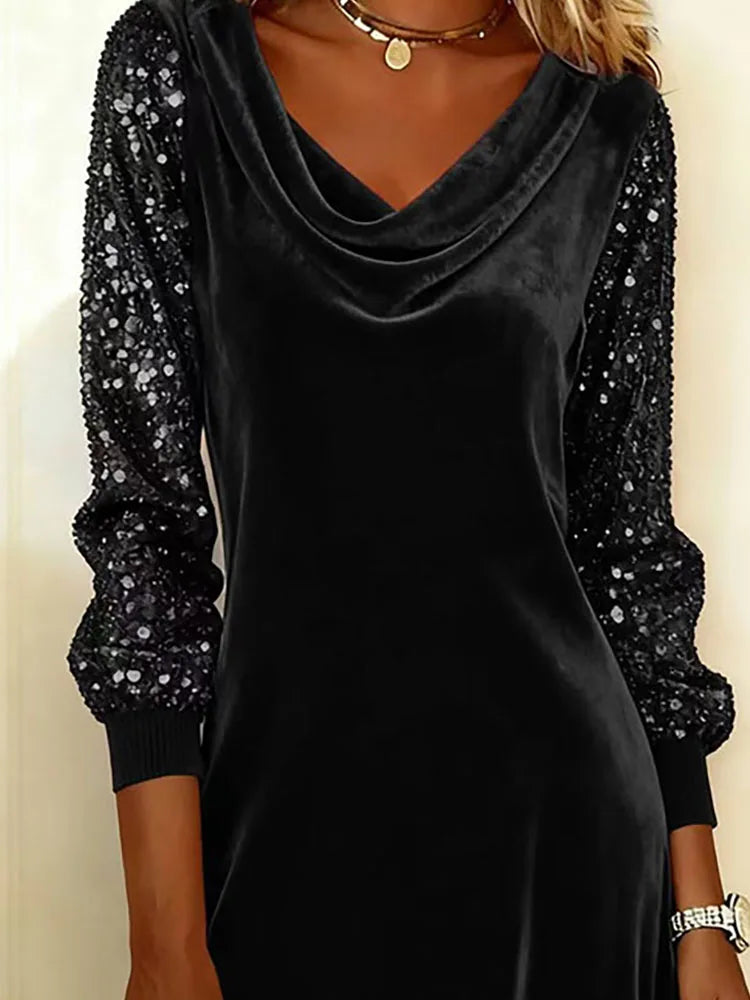 Women's Sequin Dress | Cowl Neckline Sequin Sleeves Velvet Mini