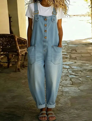 Women's Denim Overall | Button Front Relaxed Fit Wide Leg