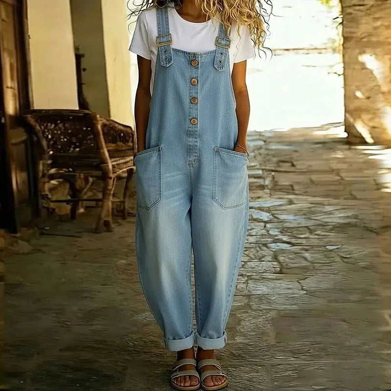 Women's Denim Overall | Button Front Adjustable Straps Relaxed Fit