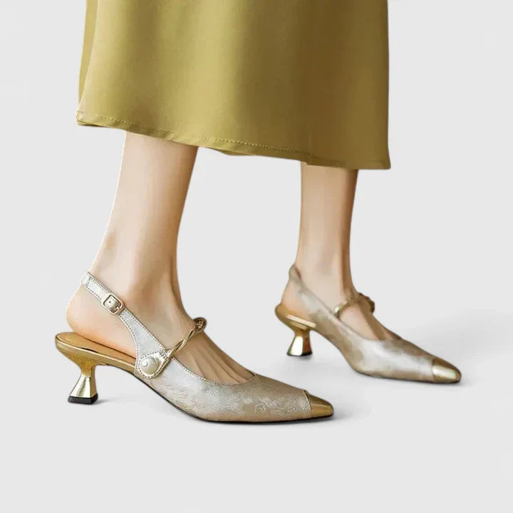 Women's Kitten Heels | Pointed Toe Pearl Strap Jacquard
