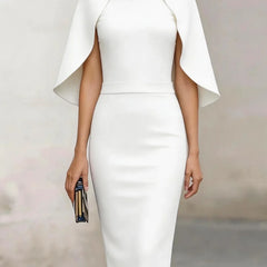Women's Formal Dress | Midi Cape Sleeve Round Neckline Fitted