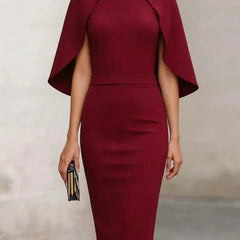 Women's Formal Dress | Midi Cape Sleeve Round Neckline Fitted