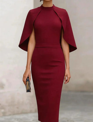 Women's Formal Dress | Midi Cape Sleeve Round Neckline Fitted