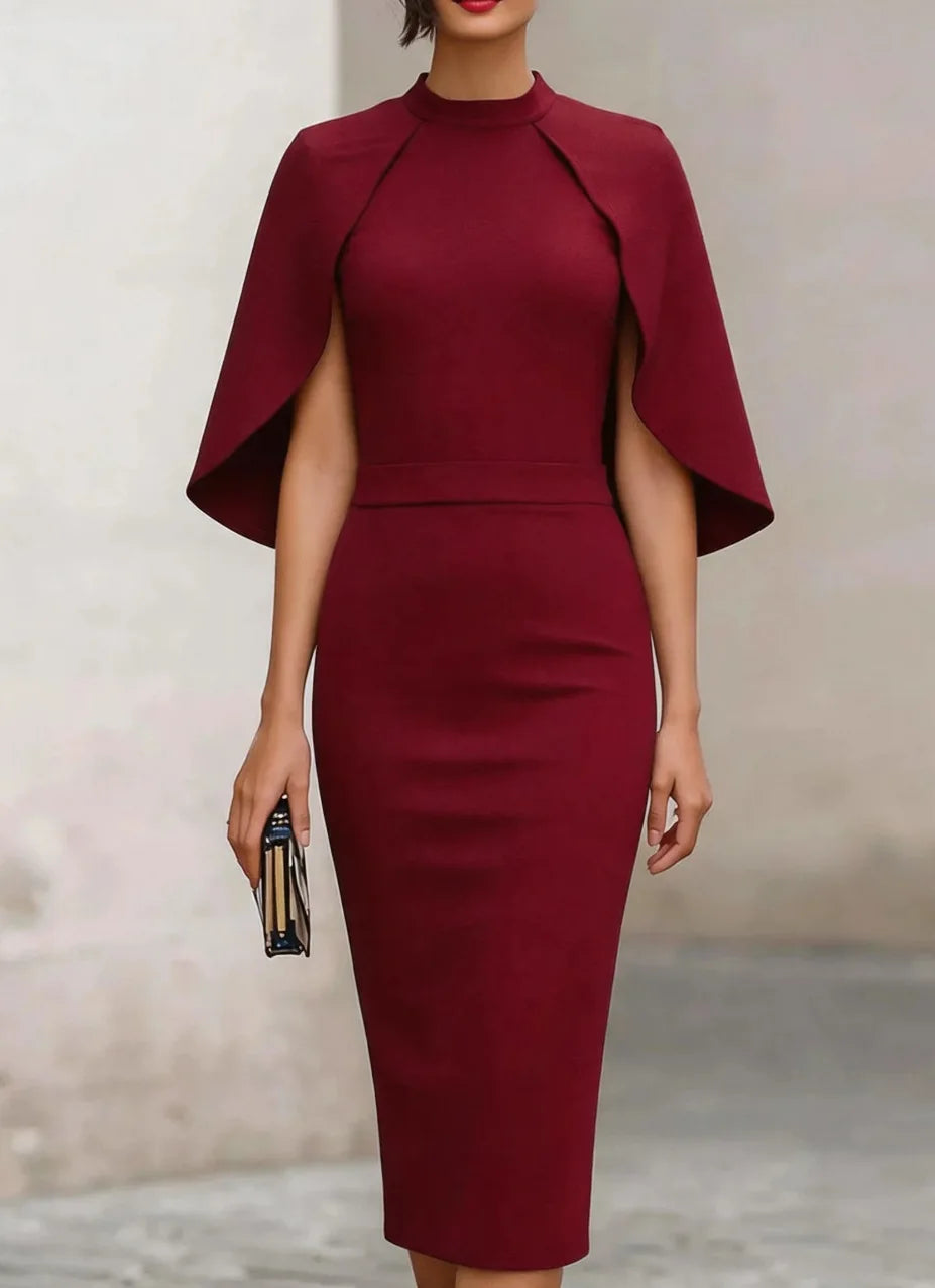 Women's Formal Dress | Midi Cape Sleeve Round Neckline Fitted