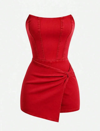 Women's Denim Dress | Strapless Tube Neckline Wrap Front Asymmetric