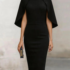 Women's Formal Dress | Midi Cape Sleeve Round Neckline Fitted