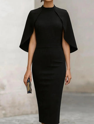 Women's Formal Dress | Midi Cape Sleeve Round Neckline Fitted