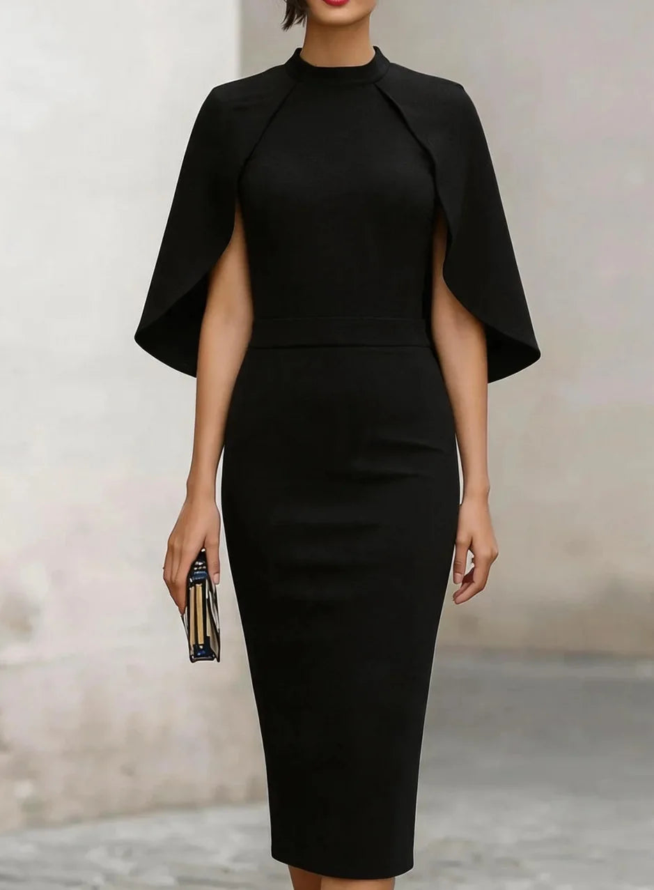 Women's Formal Dress | Midi Cape Sleeve Round Neckline Fitted