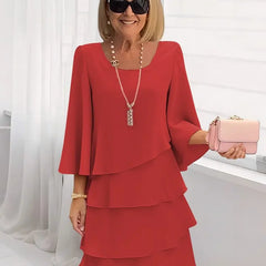 Women's Ruffle Dress | Midi Length Round Neckline Flutter Sleeves