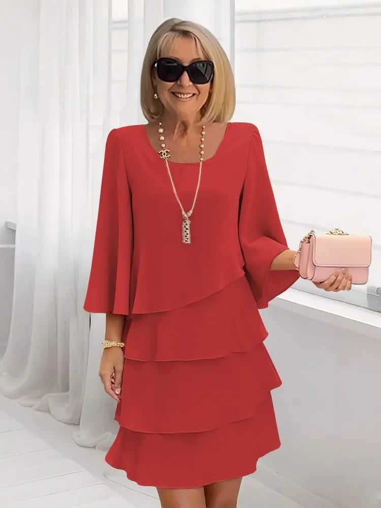 Women's Ruffle Dress | Midi Length Round Neckline Flutter Sleeves