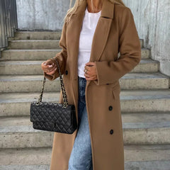 Women's Long Winter Coat | Lapel Collar Button Front Midi Length