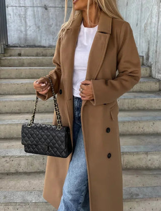 Women's Long Winter Coat | Lapel Collar Button Front Midi Length