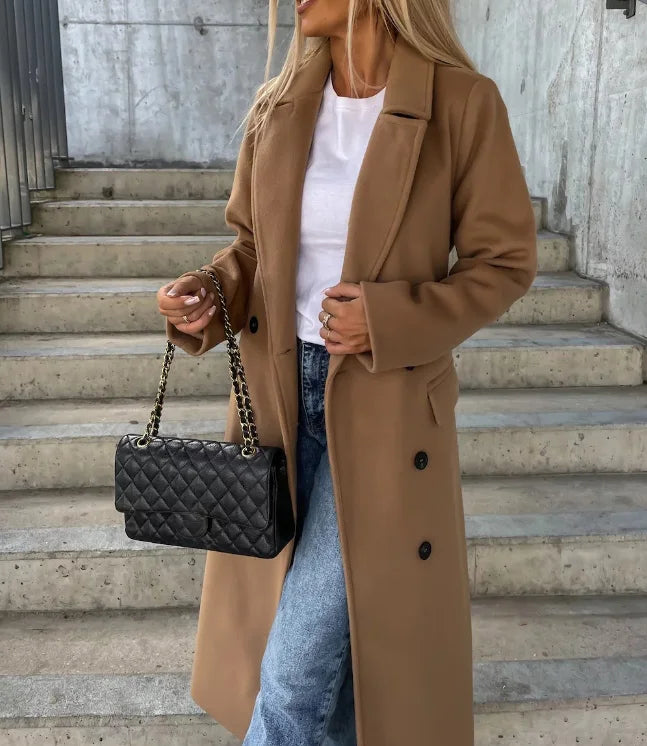 Women's Long Winter Coat | Lapel Collar Button Front Midi Length