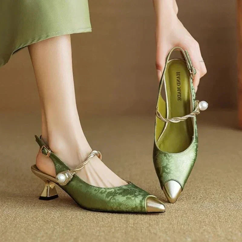 Women's Kitten Heels | Pointed Toe Pearl Strap Slingback