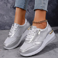 Women's Platform Sneakers | Metallic Upper Lace Closure Zipper