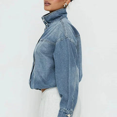 Women's Denim Jacket | Cropped Relaxed Fit Stand Collar Hidden Button