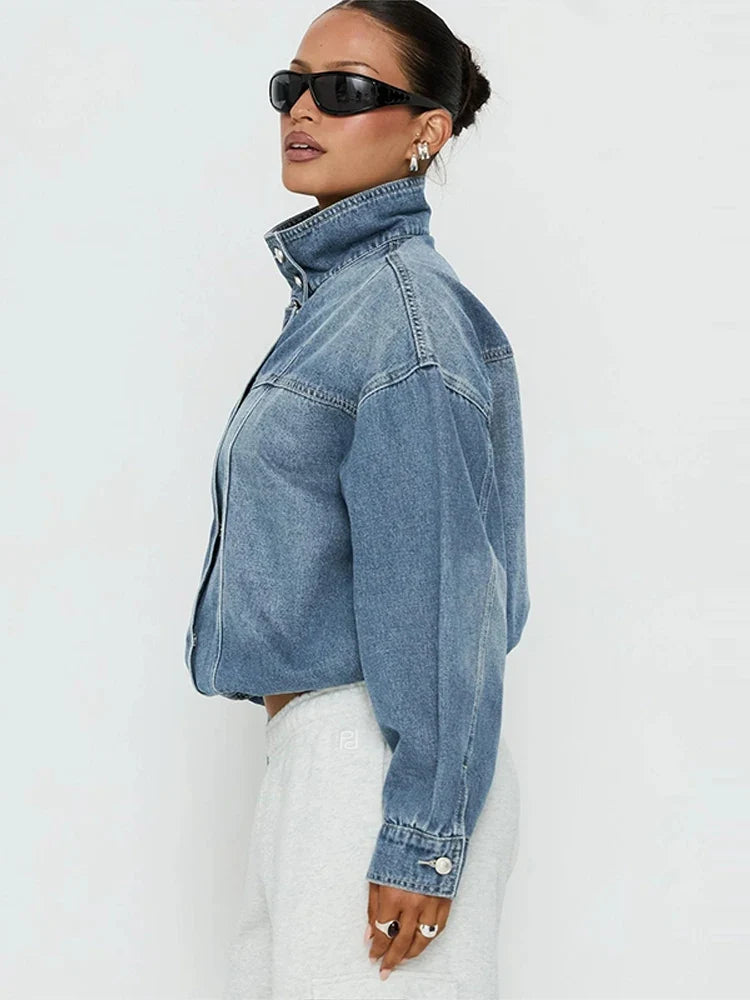 Women's Denim Jacket | Cropped Relaxed Fit Stand Collar Hidden Button
