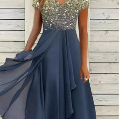 Women's Evening Dress | V-Neck Short Sleeve Sequin Midi