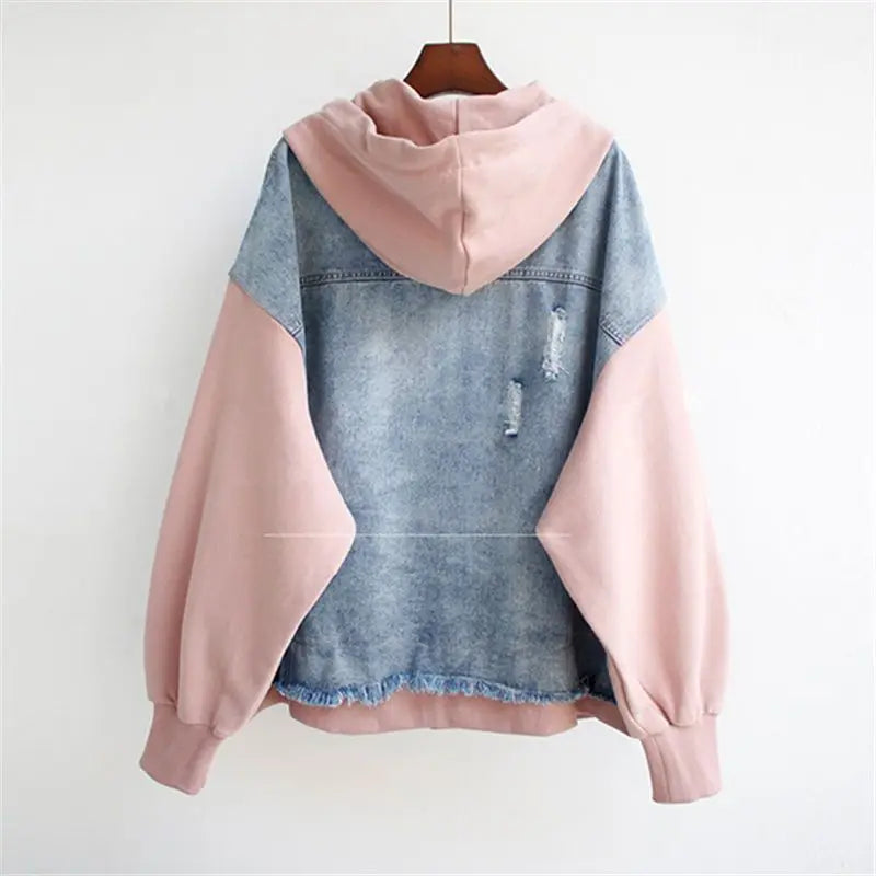 Women's Denim Jacket | Hooded Zip Closure Color Block Hybrid