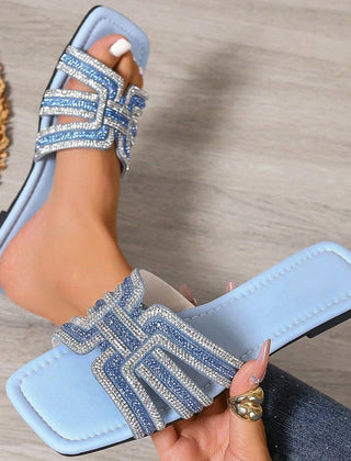 Women's Slide | Open Toe Rhinestone Strap Flat Sole
