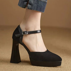 Women's Platform Heels | Rounded Toe Ankle Strap Buckle Block Heel