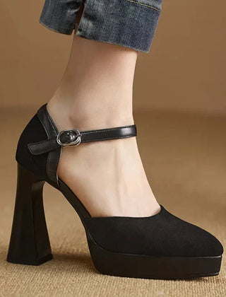 Women's Platform Heels | Rounded Toe Ankle Strap Buckle Block Heel