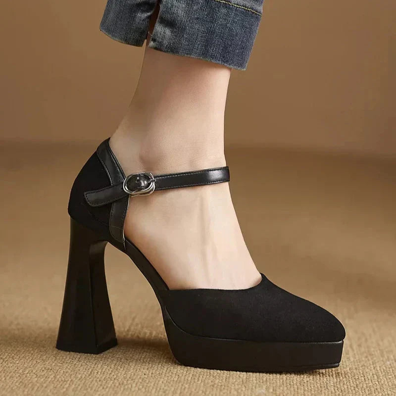 Women's Platform Heels | Rounded Toe Ankle Strap Buckle Block Heel