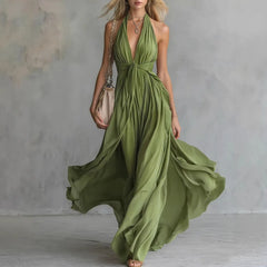 Women's Cocktail Dress | Maxi Halter Neckline Pleated Open Back