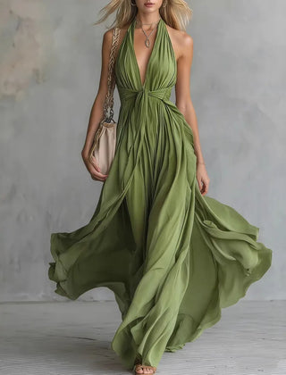 Women's Cocktail Dress | Maxi Halter Neckline Pleated Open Back