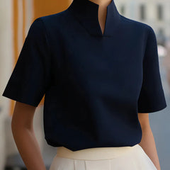 Women's Red Top | Stand Collar Short Sleeve Structured