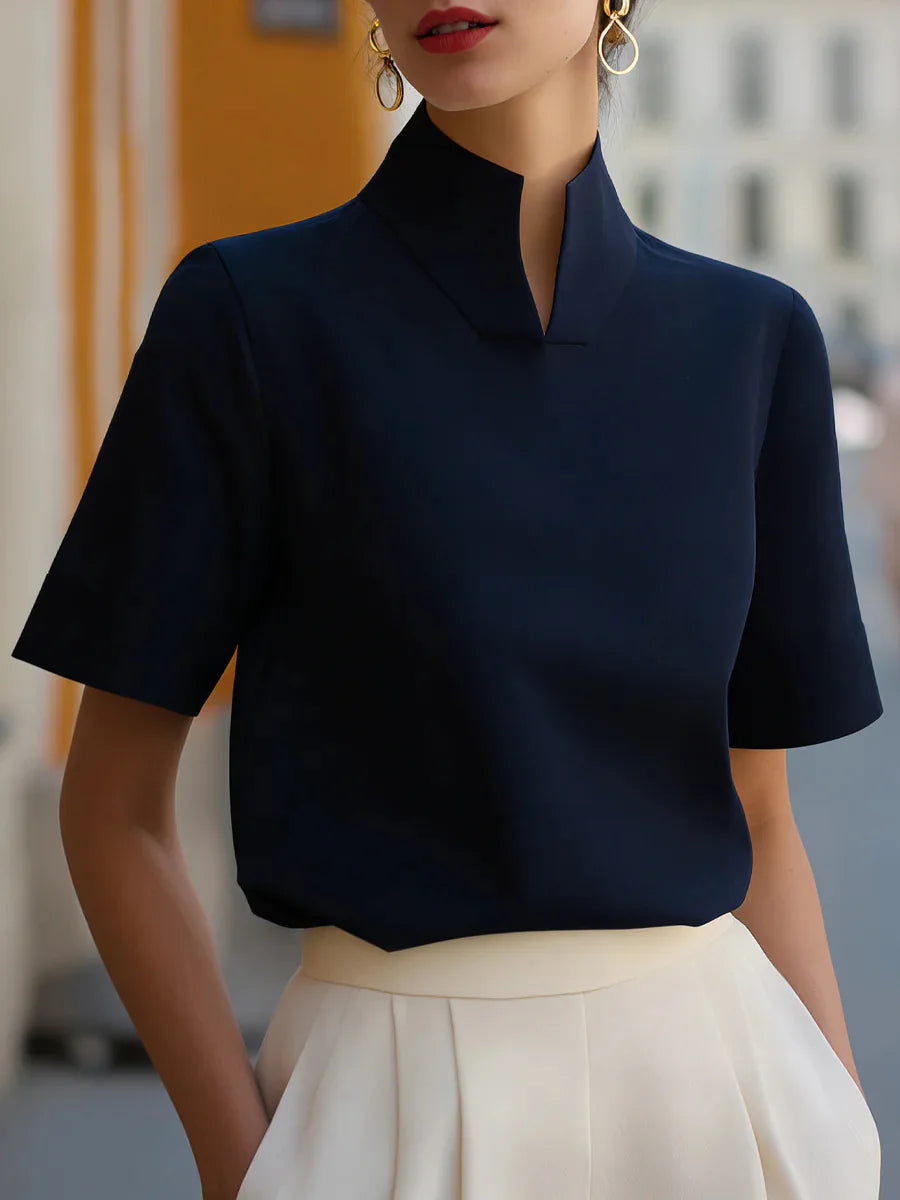 Women's Red Top | Stand Collar Short Sleeve Structured