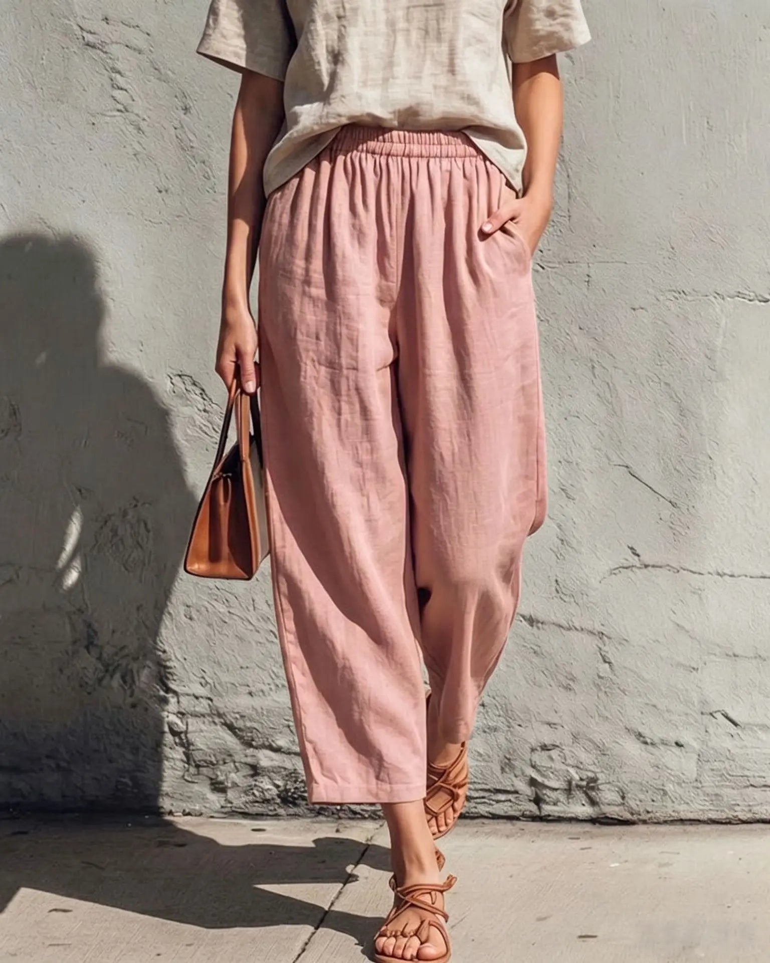 Women's Linen Pants | Wide Leg Relaxed Fit Elastic Waist