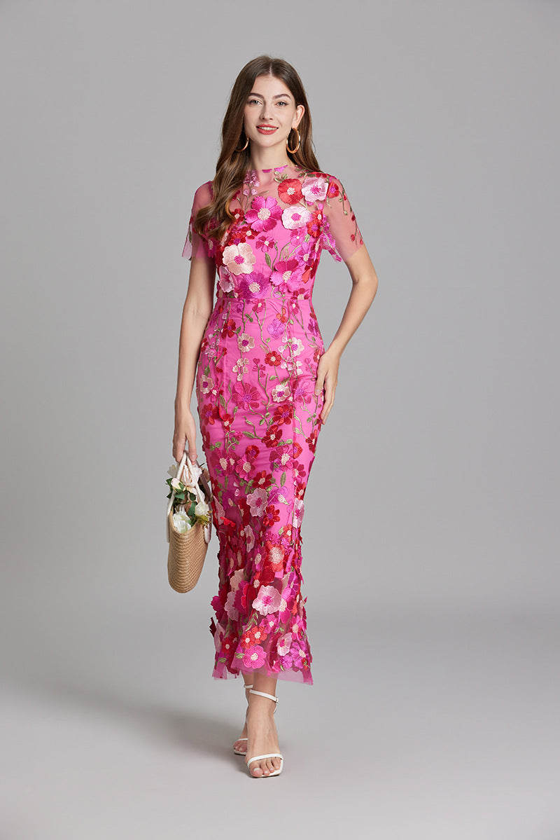 Women's Wedding Guest Dress | Midi Floral Appliqué Short Sleeve