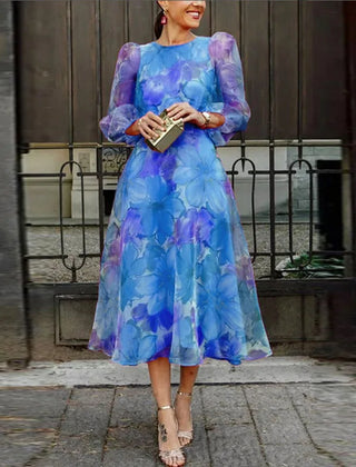 Women's Formal Wedding Guest Dress | Midi Length Puff Sleeve Floral Print