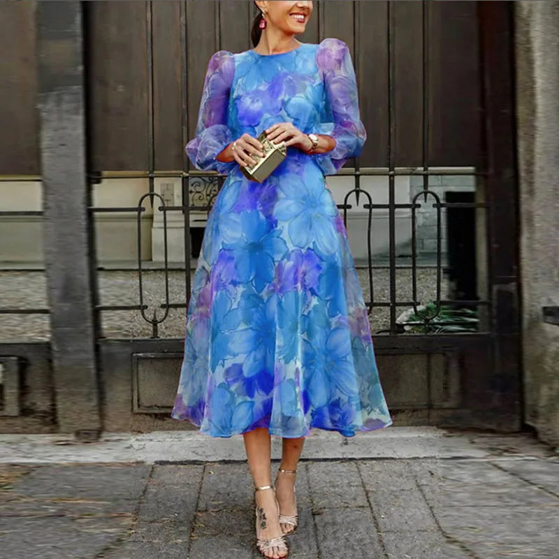 Women's Formal Wedding Guest Dress | Midi Length Puff Sleeve Floral Print