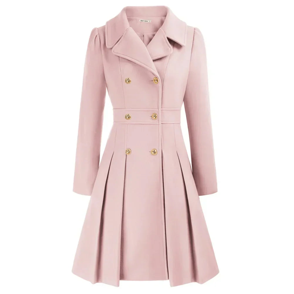Women's Wool Coat | Double Breasted Notched Lapel A-Line Midi