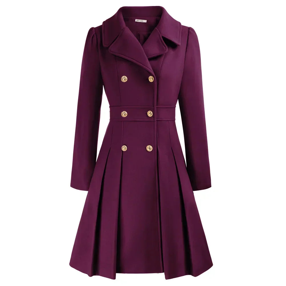 Women's Wool Coat | Double Breasted Notched Lapel A-Line Midi