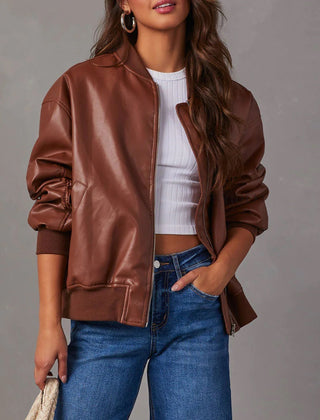 Women's Leather Jacket | Relaxed Bomber Zip-Front Ribbed