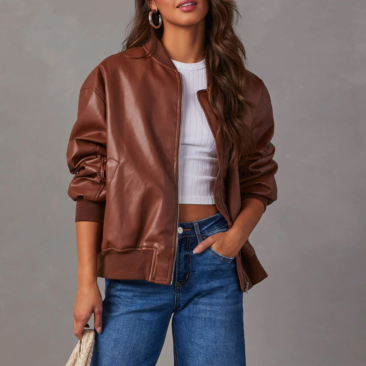 Women's Leather Jacket | Relaxed Bomber Zip-Front Ribbed