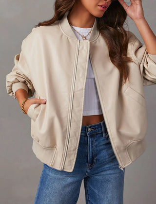 Women's Leather Jacket | Relaxed Bomber Zip-Front Ribbed