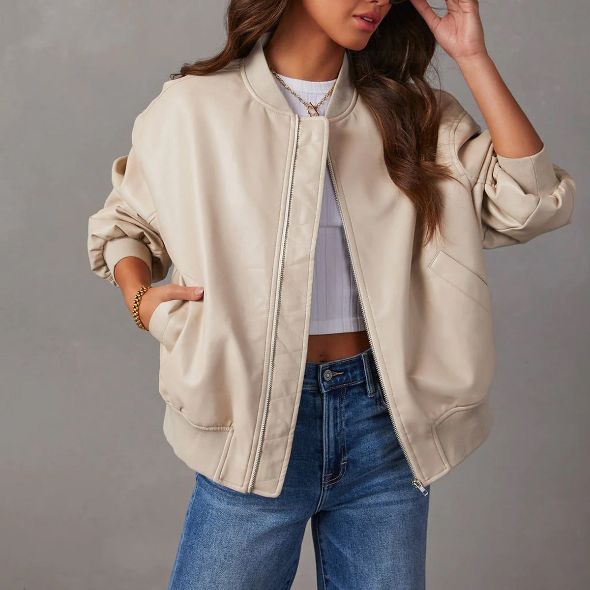 Women's Leather Jacket | Relaxed Bomber Zip-Front Ribbed
