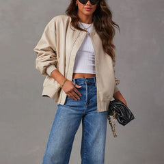 Women's Leather Jacket | Relaxed Bomber Zip-Front Ribbed