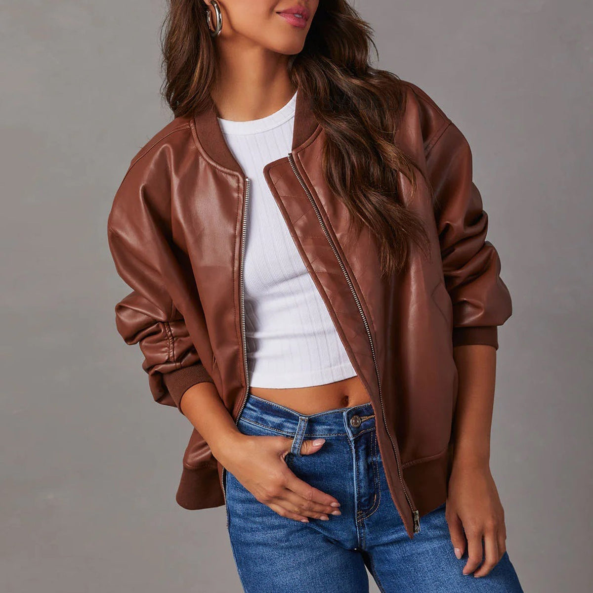 Women's Leather Jacket | Relaxed Bomber Zip-Front Ribbed