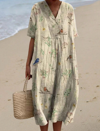 Women's Flowy Dress | V-Neck Short Sleeve Floral Midi