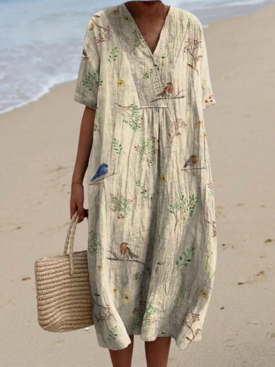 Women's Flowy Dress | V-Neck Short Sleeve Floral Midi