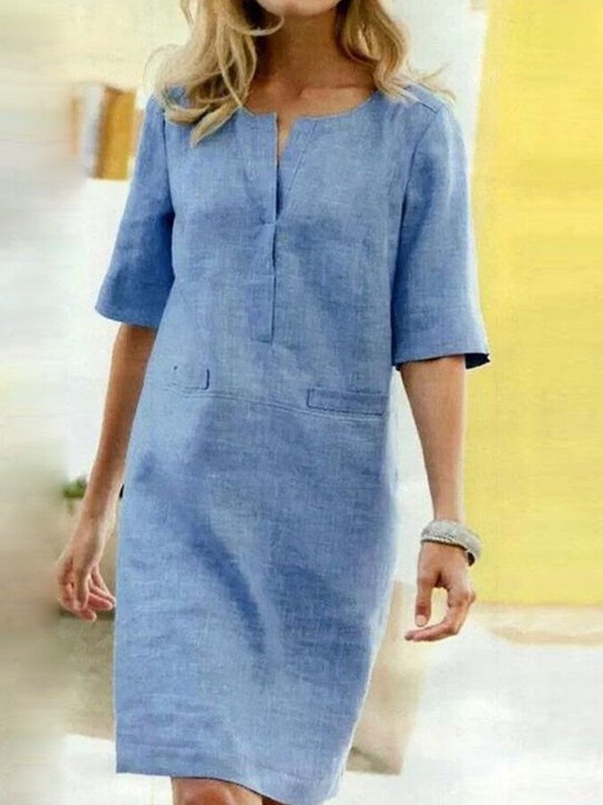Women's Shift Dress | Half Sleeve Henley Button Linen