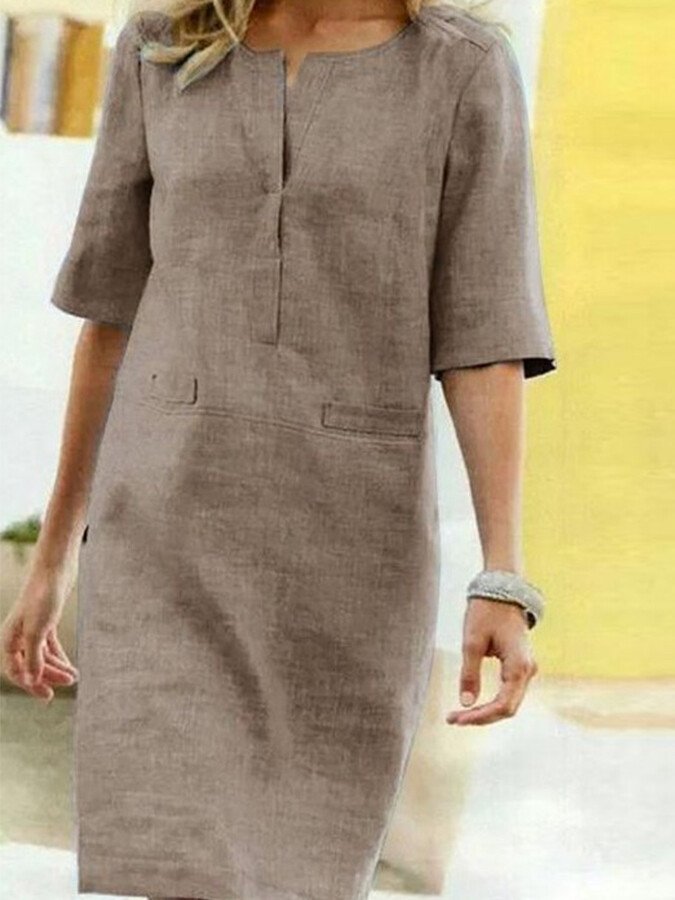 Women's Shift Dress | Half Sleeve Henley Button Linen