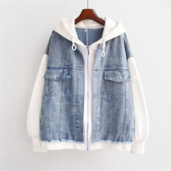 Women's Denim Jacket | Hooded Zip Closure Color Block Hybrid
