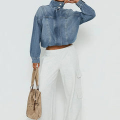 Women's Denim Jacket | Cropped Relaxed Fit Stand Collar Hidden Button